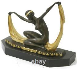 Pure Bronze Art Deco Dancer Scarf Signed Mirval Sculpture Statue Marble