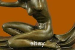 Pure Bronze Art Deco Dancer Scarf Signed Mirval Sculpture Statue Marble