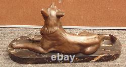 Rare Ancient Large Dog Signed Carvin / Beautiful Marble Base Bronze Or Regulates