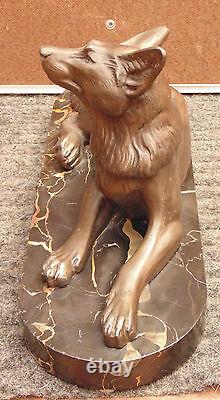 Rare Ancient Large Dog Signed Carvin / Beautiful Marble Base Bronze Or Regulates