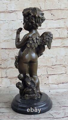 Rare Bronze Cupid Cherub Signed Statue Marble Base Eros Love Moreau Open No.