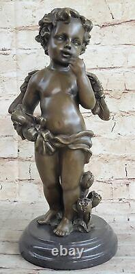 Rare Bronze Cupid Cherub Signed Statue Marble Base Eros Love Moreau Opens