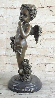 Rare Bronze Cupid Cherub Signed Statue Marble Base Eros Love Moreau Opens