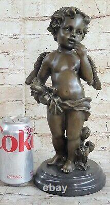 Rare Bronze Cupid Cherubin Signed Statue Marble Base Eros Love Moreau Opens Nr