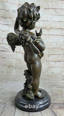 Rare Bronze Cupid Cherubin Signed Statue Marble Base Eros Moreau