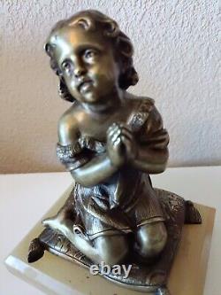 Rare Bronze Signed Mathurin Moreau 1822/1913 On Marble Little Girl Au Cushion