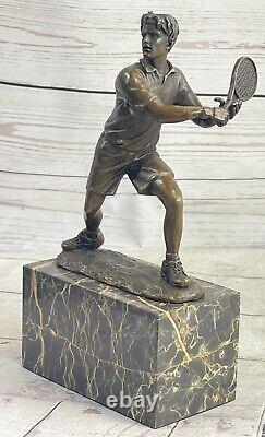 Rare Finish Vintage Bronze Signed Sculpture Statue Tennis Player Marble Base