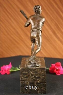 Rare Finish Vintage Bronze Signed Sculpture Statue Tennis Player Marble Base Deal