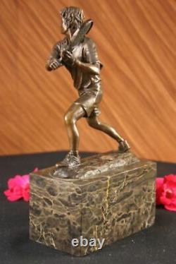 Rare Finish Vintage Bronze Signed Sculpture Statue Tennis Player Marble Base Gift