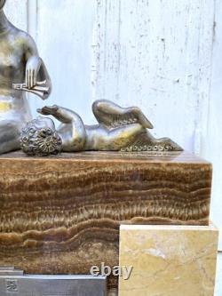 Rare George Lavroff Clock Silvered Bronze Marble Onyx Art Deco Signed Lavrov