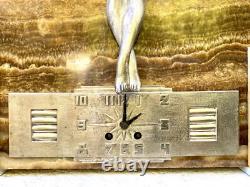Rare George Lavroff Clock Silvered Bronze Marble Onyx Art Deco Signed Lavrov