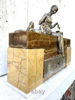 Rare George Lavroff Clock Silvered Bronze Marble Onyx Art Deco Signed Lavrov