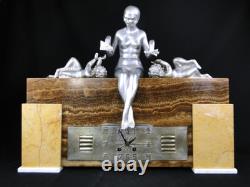 Rare George Lavroff Clock in Silvered Bronze, Marble & Onyx, Art Deco, Signed