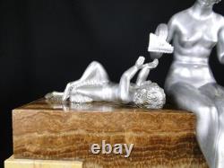 Rare George Lavroff Clock in Silvered Bronze, Marble & Onyx, Art Deco, Signed