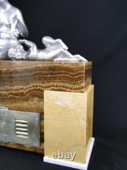 Rare George Lavroff Clock in Silvered Bronze, Marble & Onyx, Art Deco, Signed