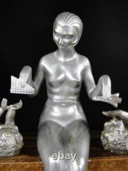 Rare George Lavroff Clock in Silvered Bronze, Marble & Onyx, Art Deco, Signed