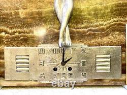 Rare George Lavroff Silvered Bronze Onyx Art Deco Clock Signed Lavrov