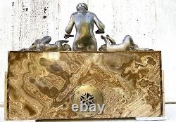 Rare George Lavroff Silvered Bronze Onyx Art Deco Clock Signed Lavrov