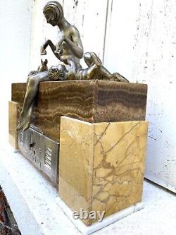 Rare George Lavroff Silvered Bronze Onyx Marble Pendulum Art Deco 1925 Signed