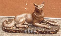 Rare Old Large Dog Signed Carvin / Marble Base Magnificent Bronze Or Regulated
