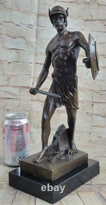 Roman Bronze God Warrior Statue Signed Art Figurine Marble Base Decor