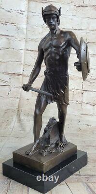 Roman Bronze God Warrior Statue Signed Art Figurine Marble Base Decor