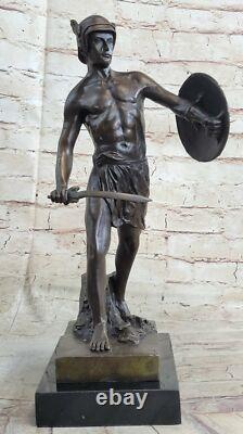 Roman Bronze God Warrior Statue Signed Art Figurine Marble Base Decor