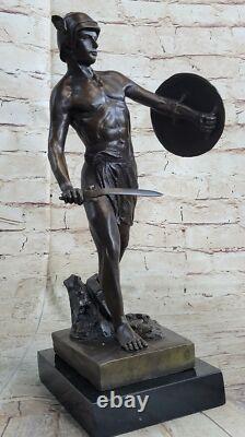 Roman Bronze God Warrior Statue Signed Art Figurine Marble Base Decor