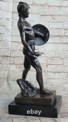 Roman Bronze God Warrior Statue Signed Art Figurine Marble Base Decor