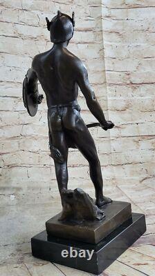 Roman Bronze God Warrior Statue Signed Art Figurine Marble Base Decor