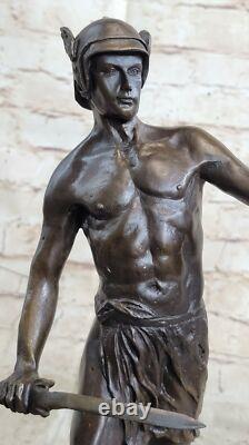 Roman Bronze God Warrior Statue Signed Art Figurine Marble Base Decor