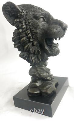 Royal Lion Head Bronze Sculpture Signed by Milo with Marble Base