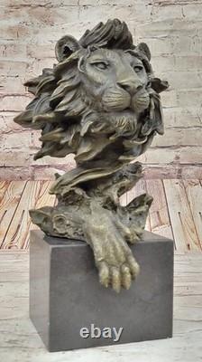 Royal Lion Head Bronze Sculpture by Barye on Marble Base