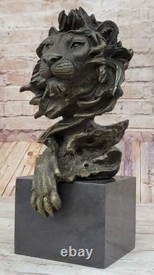 Royal Lion Head Bronze Sculpture by Barye on Marble Base