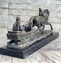 Russian Bronze Sculpture Man Horse Sled Signed Gornik 15 On Marble Base