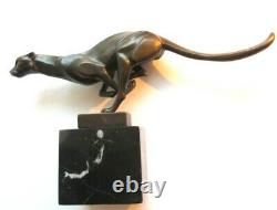 Sculpture Art Deco Bronze On Marble Signed Milo Black Panther, A6207