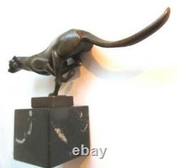 Sculpture Art Deco Bronze On Marble Signed Milo Black Panther, A6207