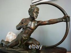 Sculpture Art Deco Signed Patinated Bronze On Marble The Hunter Archery
