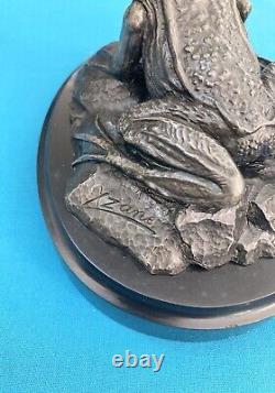 Sculpture Bronze Frog Signed Statue Marble Decorative Base Art New