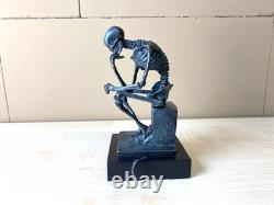 Sculpture Colored Skeleton Thinker in Bronze on Black Marble After Milo