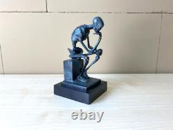 Sculpture Colored Skeleton Thinker in Bronze on Black Marble After Milo