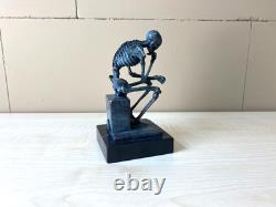 Sculpture Colored Skeleton Thinker in Bronze on Black Marble After Milo