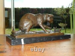 Sculpture In Bronze Chat On Marble Base Signed Milo