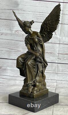 Sculpture Statue Goddess Moreau Signed Bronze Marble on Celestial Throne