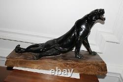 Sculpture Statue Statue Injured Panther L. Carvin Bronze Black Patina Marble