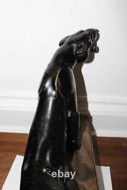 Sculpture Statue Statue Injured Panther L. Carvin Bronze Black Patina Marble