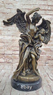 Sculpture Statue in Marbled Bronze of a Large Muscular Angel Signed with a Child