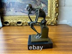 Sculpture Thinker Skeleton in Bronze on Black Marble Base After Milo