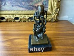 Sculpture Thinker Skeleton in Bronze on Black Marble Base After Milo