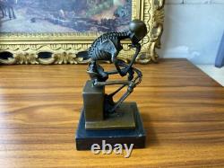 Sculpture Thinker Skeleton in Bronze on Black Marble Base After Milo